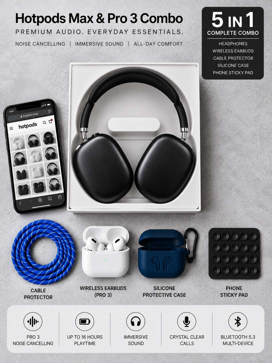 Hotpods Max & Pro 3 Combo  (Noise Control + Popup Sensor)