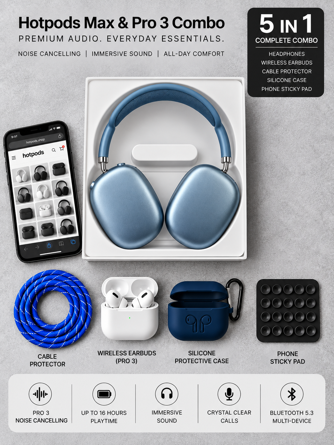 Hotpods Max & Pro 3 Combo - Blue (Noise Control + Popup Sensor)