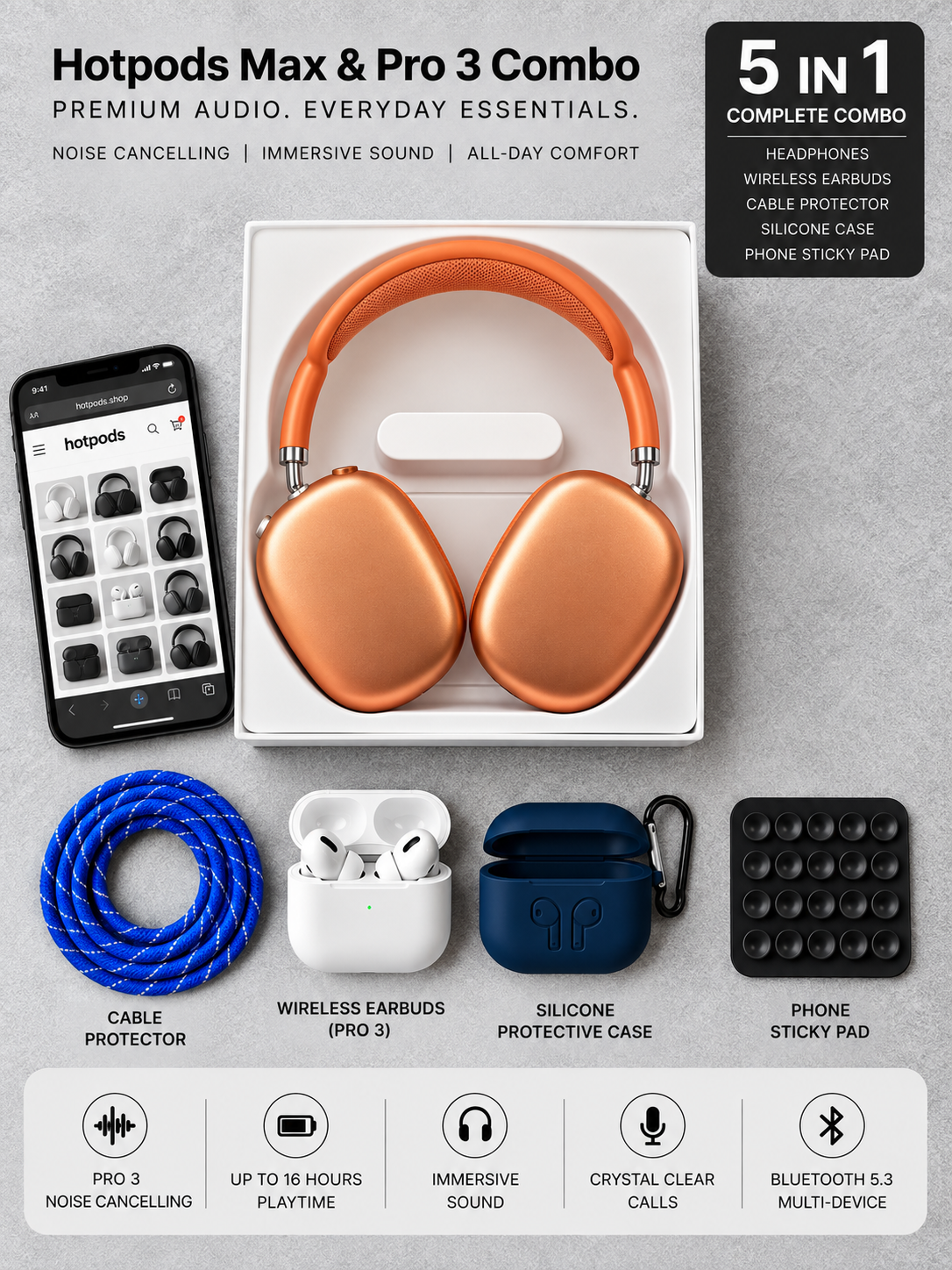 Hotpods Max & Pro 3 Combo - Orange (Noise Control + Popup Sensor)