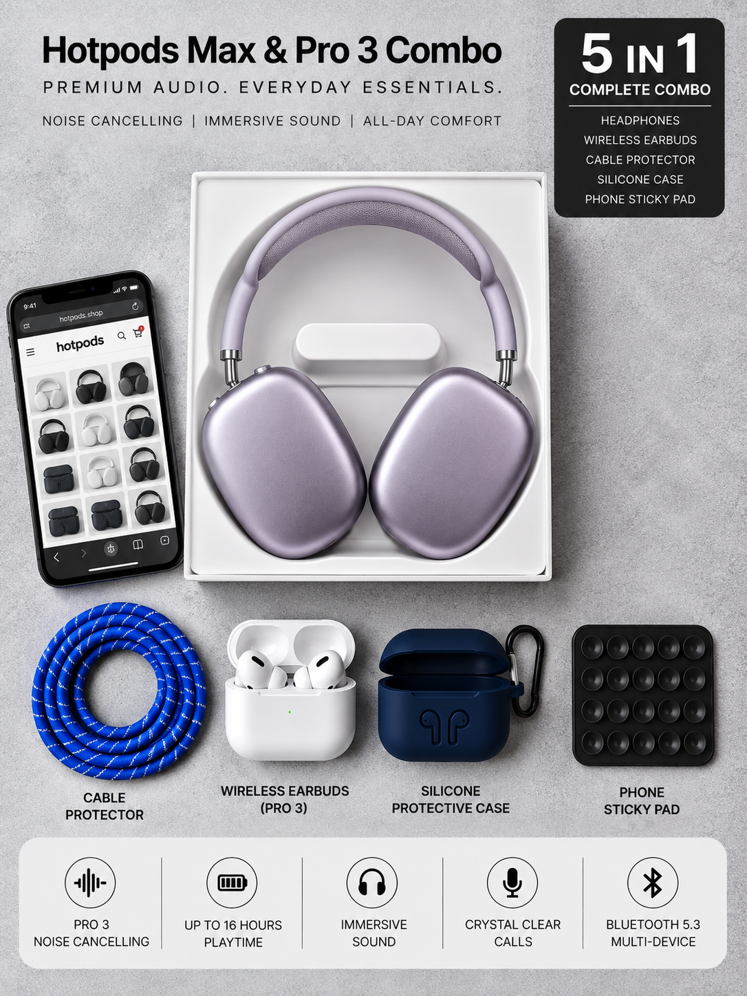 Hotpods Max & Pro 3 Combo - Purple (Noise Control + Popup Sensor)