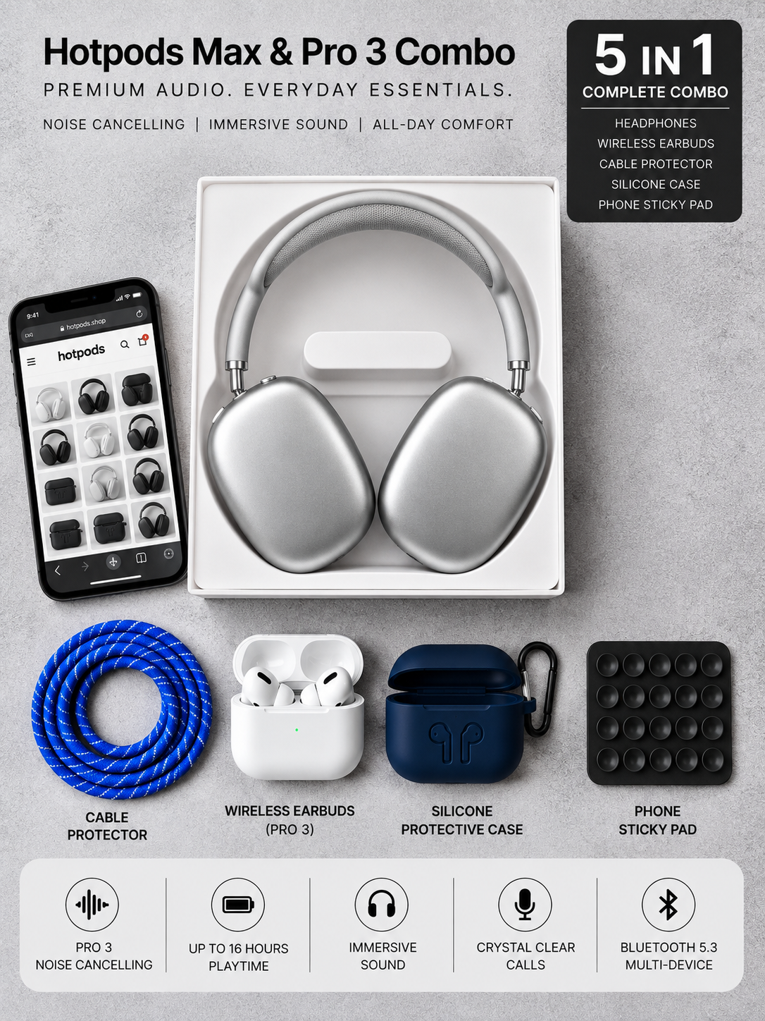 Hotpods Max & Pro 3 Combo - Silver (Noise Control + Popup Sensor)
