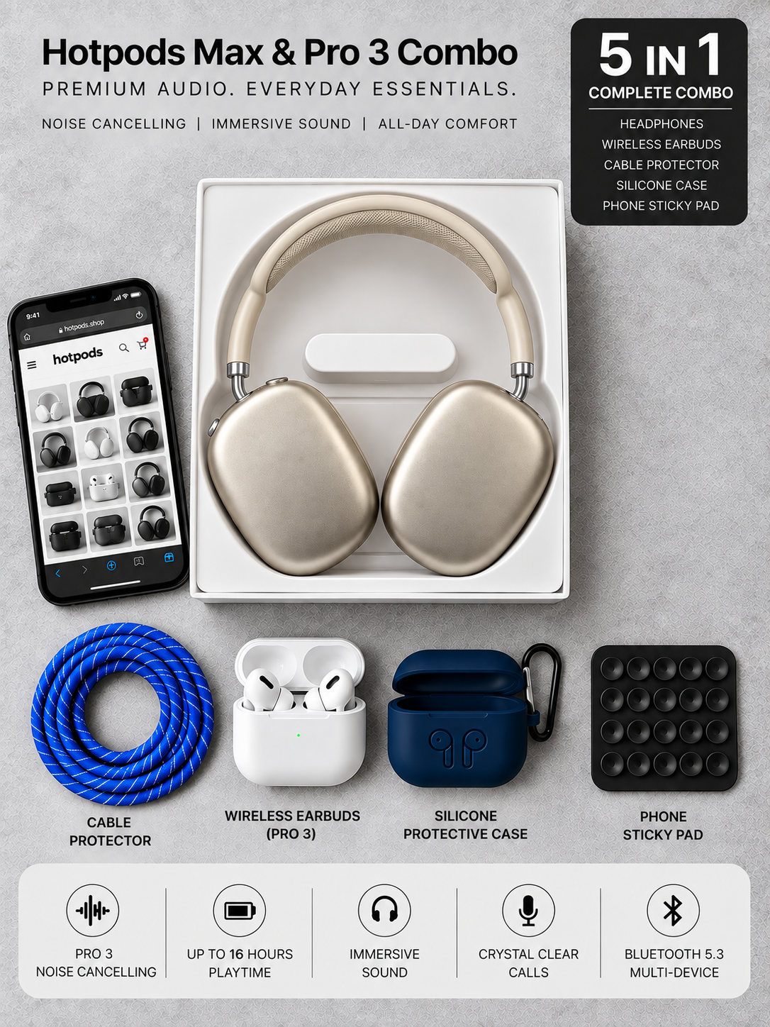 Hotpods Max & Pro 3 Combo - StarLight (Noise Control + Popup Sensor)